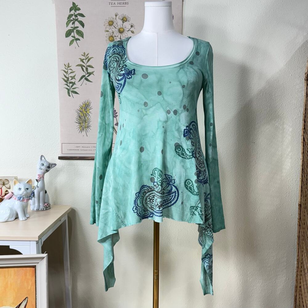 Vtg Y2k Watercolor Paisley Asymmetric Tunic Top Boho Hippie Fairy Grunge Artsy M